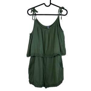 Aerie Green Gauzey Shorts Romper Lace Trim Tie Straps Tiered Size Medium